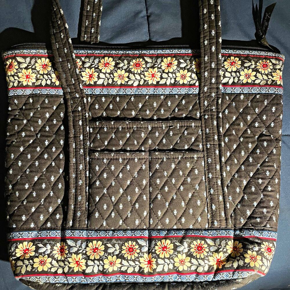 Vera Bradley Floral Tote Bag Black Multicolor Zip Closure Inner Outer Pockets